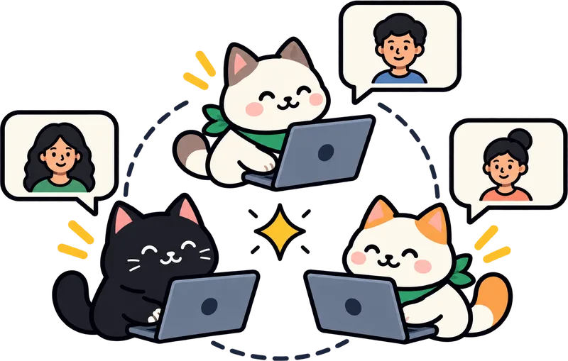Three agents at laptops in a ring, each with a person card open, a spark between them.