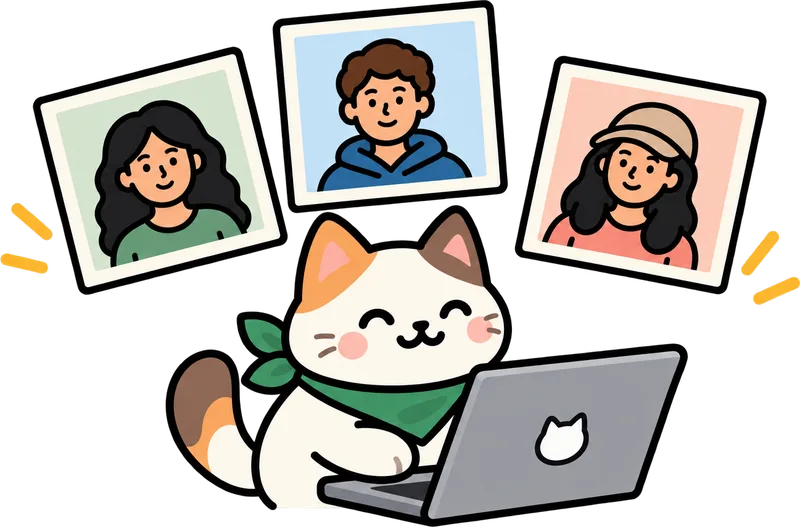 An agent with its laptop shut, three photographs of people now visible above it.